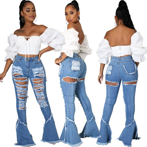 Raw-edged Ripped Flared Jeans - ROUTINE FASHION